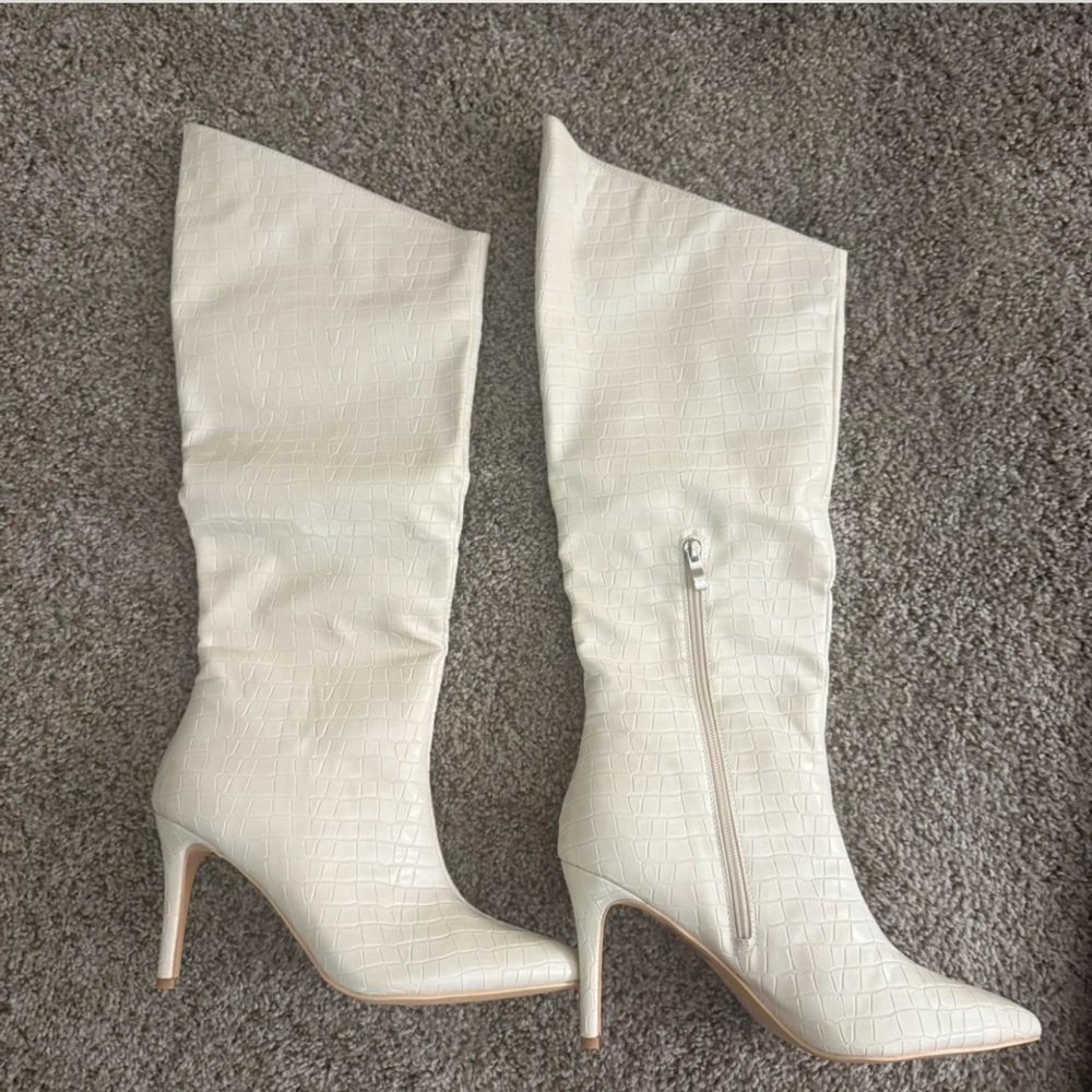 Nasty Gal Faux Croc Slanted Knee High Boots - Cream Size US 9